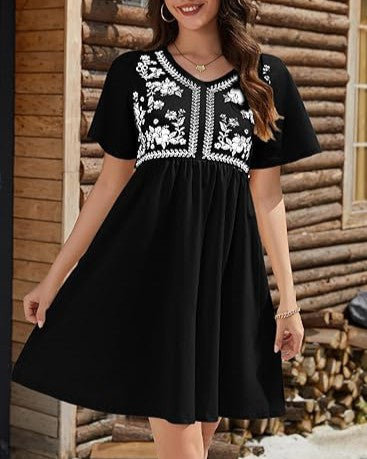 Floral Yoke Flutter Sleeve Mini Dress - Black