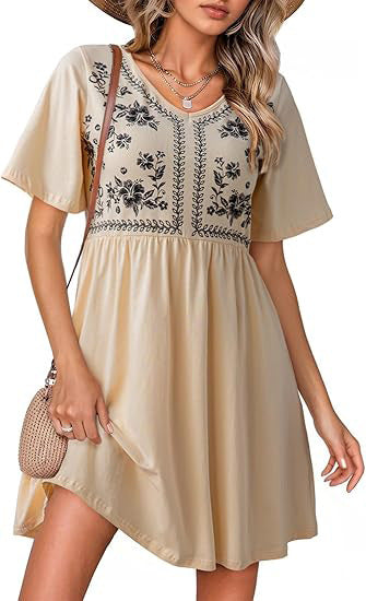 Floral Yoke Flutter Sleeve Mini Dress - Khaki