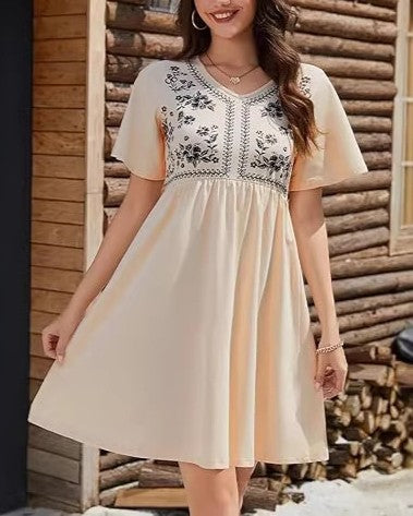 Floral Yoke Flutter Sleeve Mini Dress - Khaki - 2