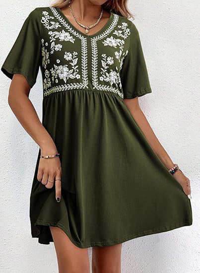 Floral Yoke Flutter Sleeve Mini Dress - MGreen