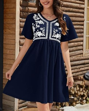 Floral Yoke Flutter Sleeve Mini Dress - Navy-Blue
