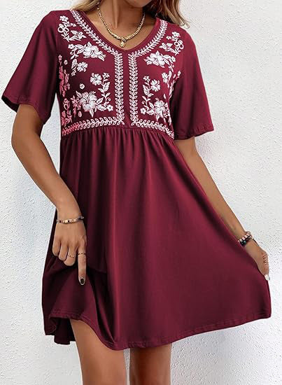 Floral Yoke Flutter Sleeve Mini Dress - Wine-Red