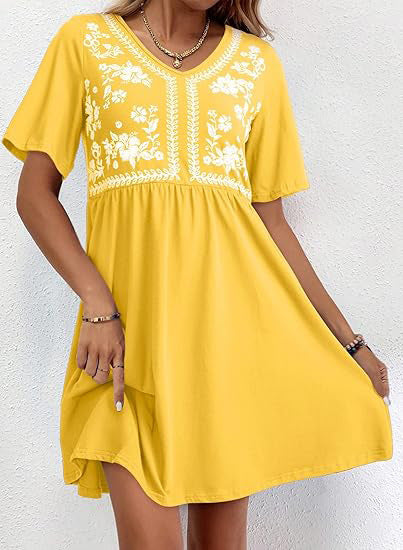 Floral Yoke Flutter Sleeve Mini Dress - Yellow