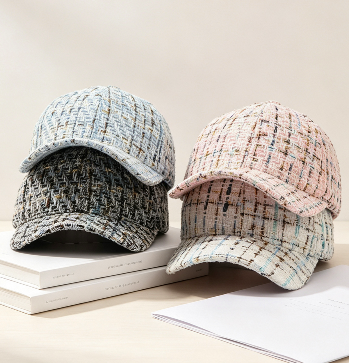 Textured Tweed Check Baseball Cap - Pink