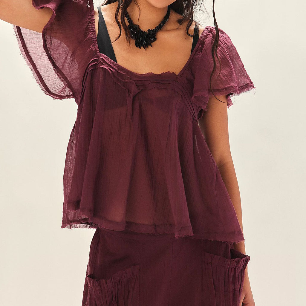 Crinkle Gauze Flutter Sleeve Cropped Blouse - Purple