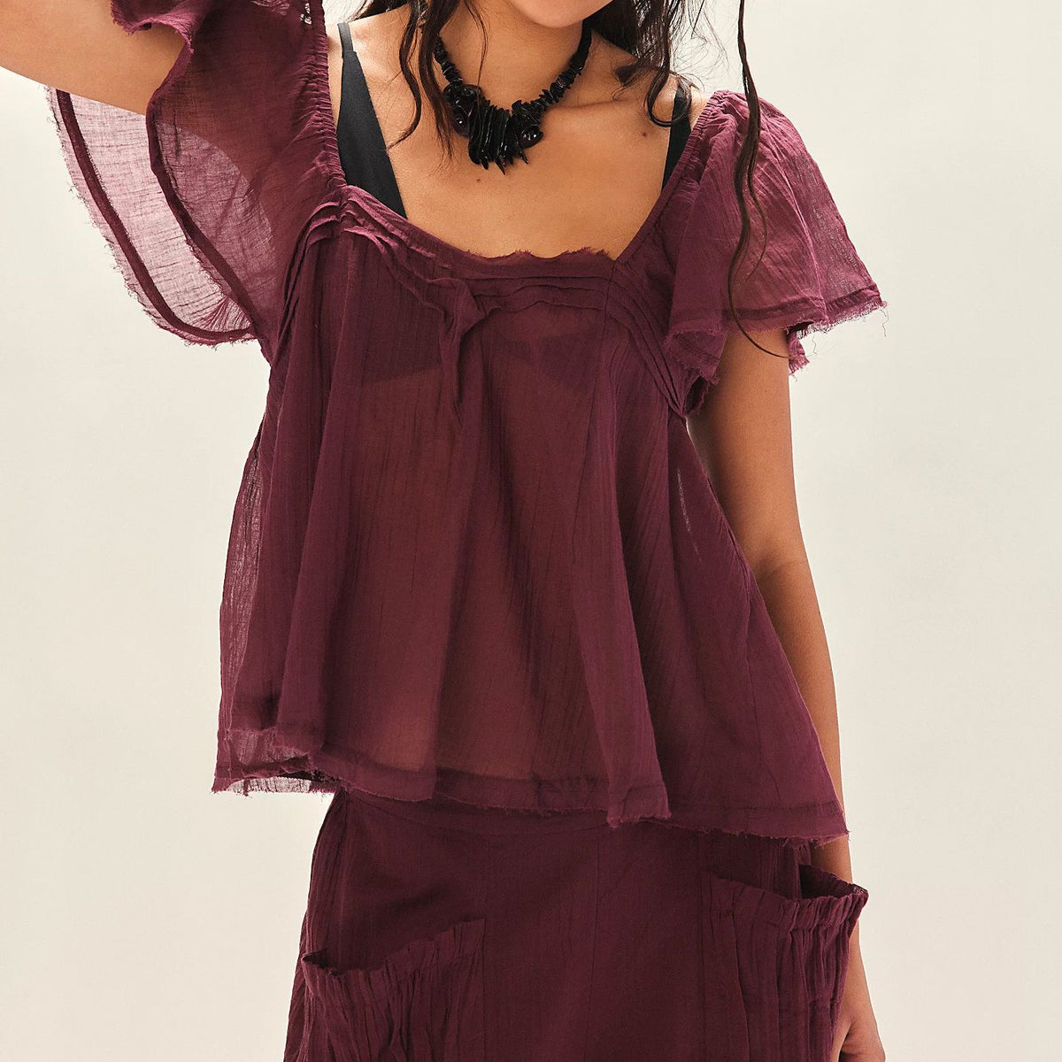 Crinkle Gauze Flutter Sleeve Cropped Blouse - Purple