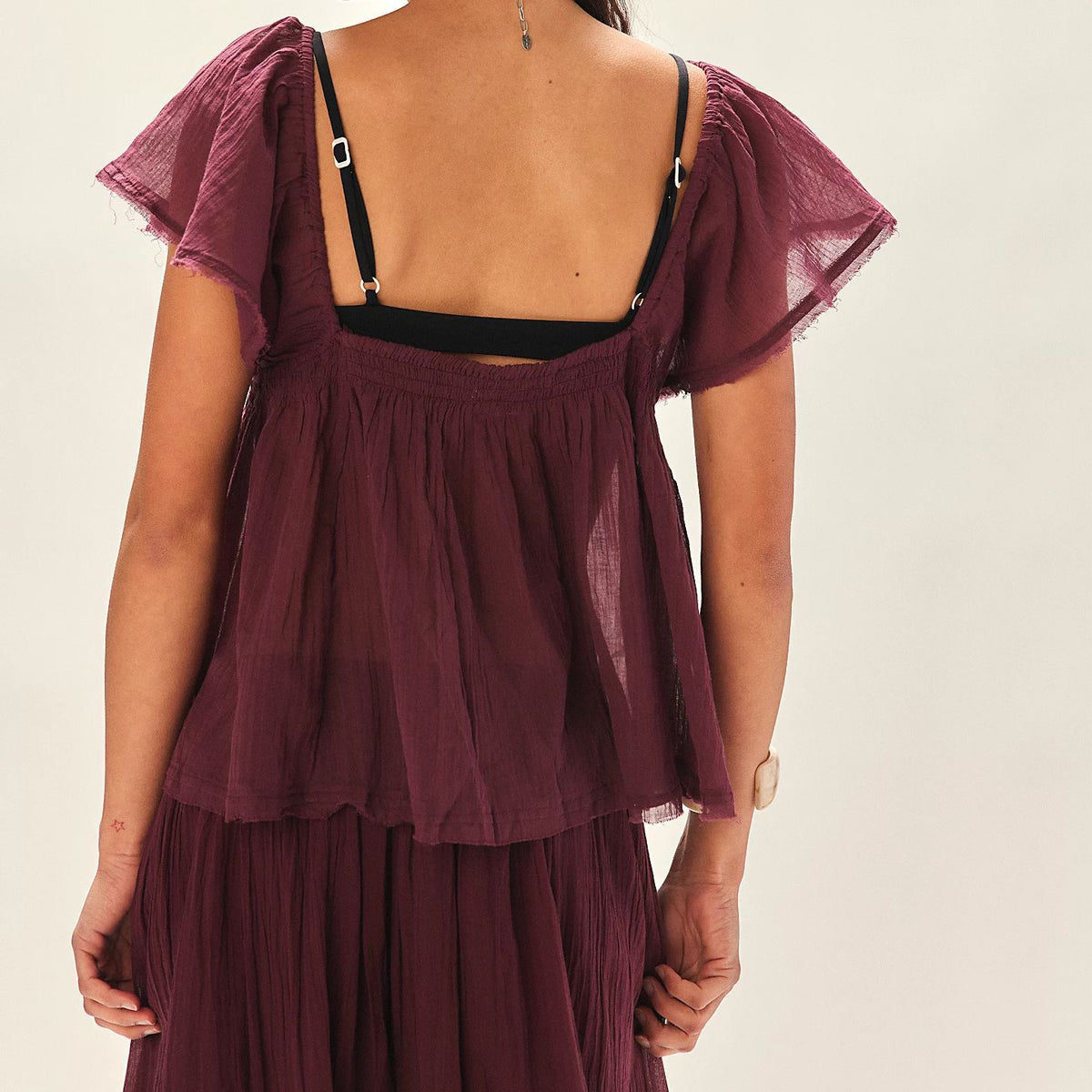 Crinkle Gauze Flutter Sleeve Cropped Blouse - Purple - 1