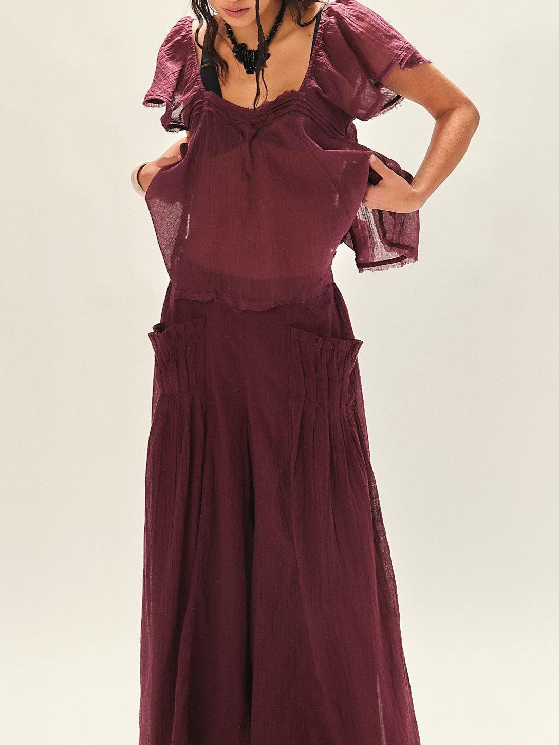 Crinkle Gauze Flutter Sleeve Cropped Blouse - Purple - 2
