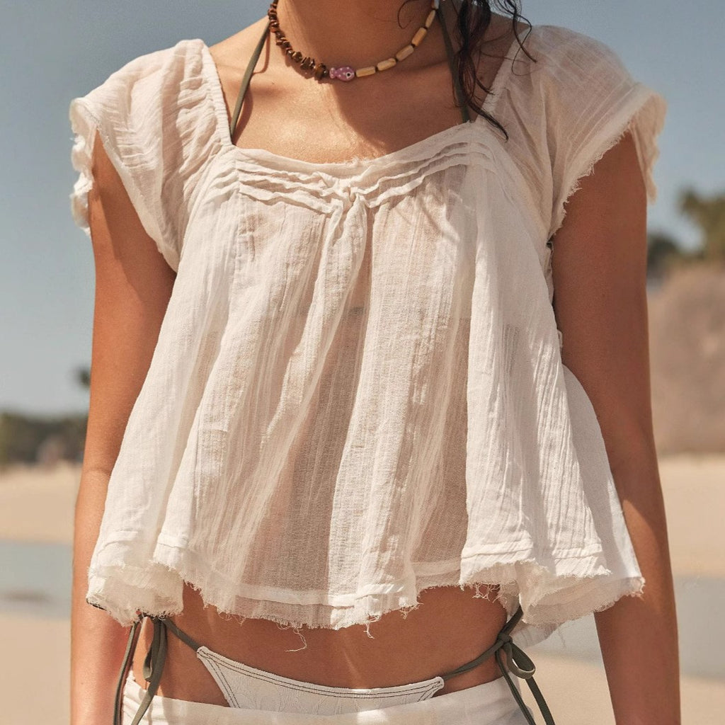 Crinkle Gauze Flutter Sleeve Cropped Blouse - White - 1