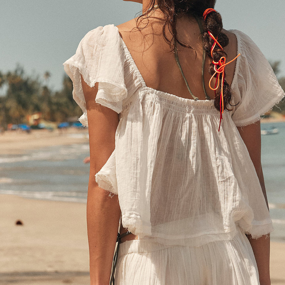 Crinkle Gauze Flutter Sleeve Cropped Blouse - White - 3