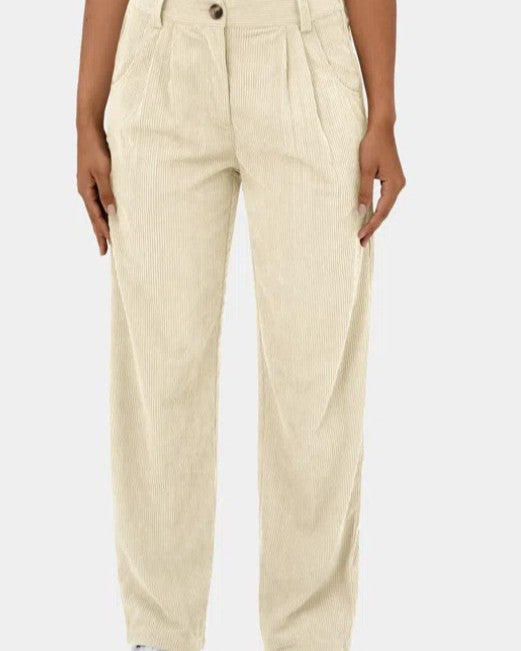 High Waisted Corduroy Pleated Tapered Pants - Apricot