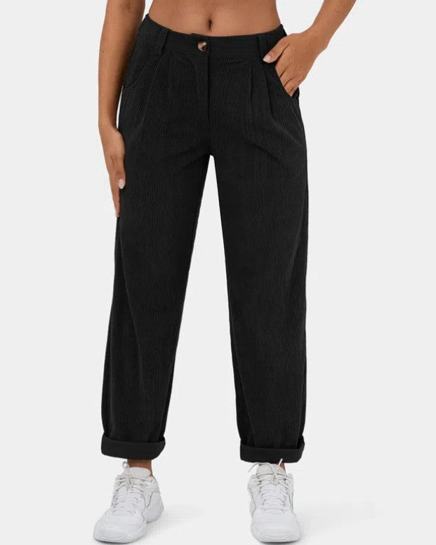 High Waisted Corduroy Pleated Tapered Pants - Black