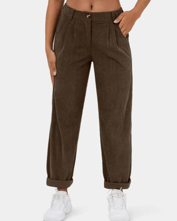 High Waisted Corduroy Pleated Tapered Pants - Coffee