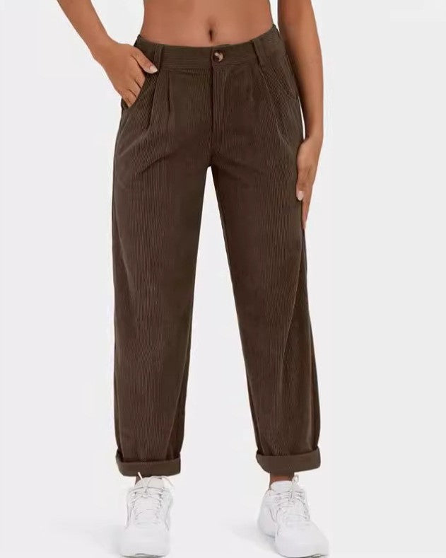 High Waisted Corduroy Pleated Tapered Pants - Coffee - 1