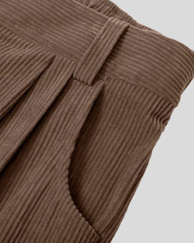 High Waisted Corduroy Pleated Tapered Pants - Coffee - 2