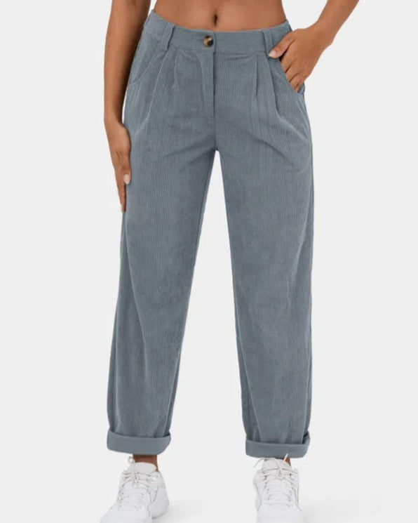 High Waisted Corduroy Pleated Tapered Pants - Grey