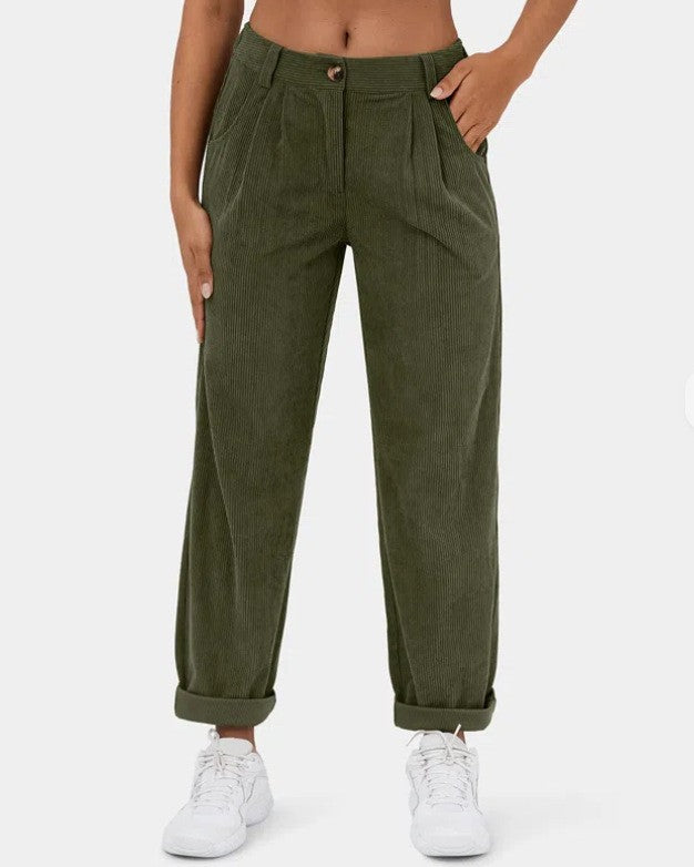 High Waisted Corduroy Pleated Tapered Pants - MGreen