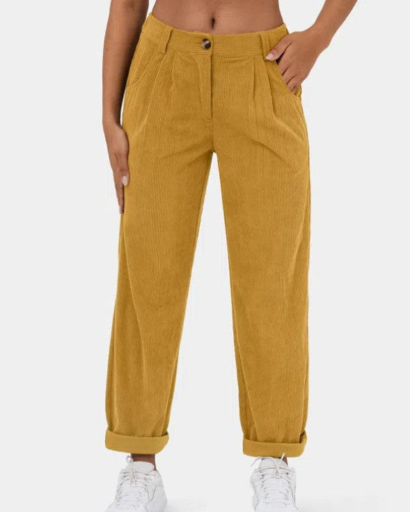 High Waisted Corduroy Pleated Tapered Pants - Yellow