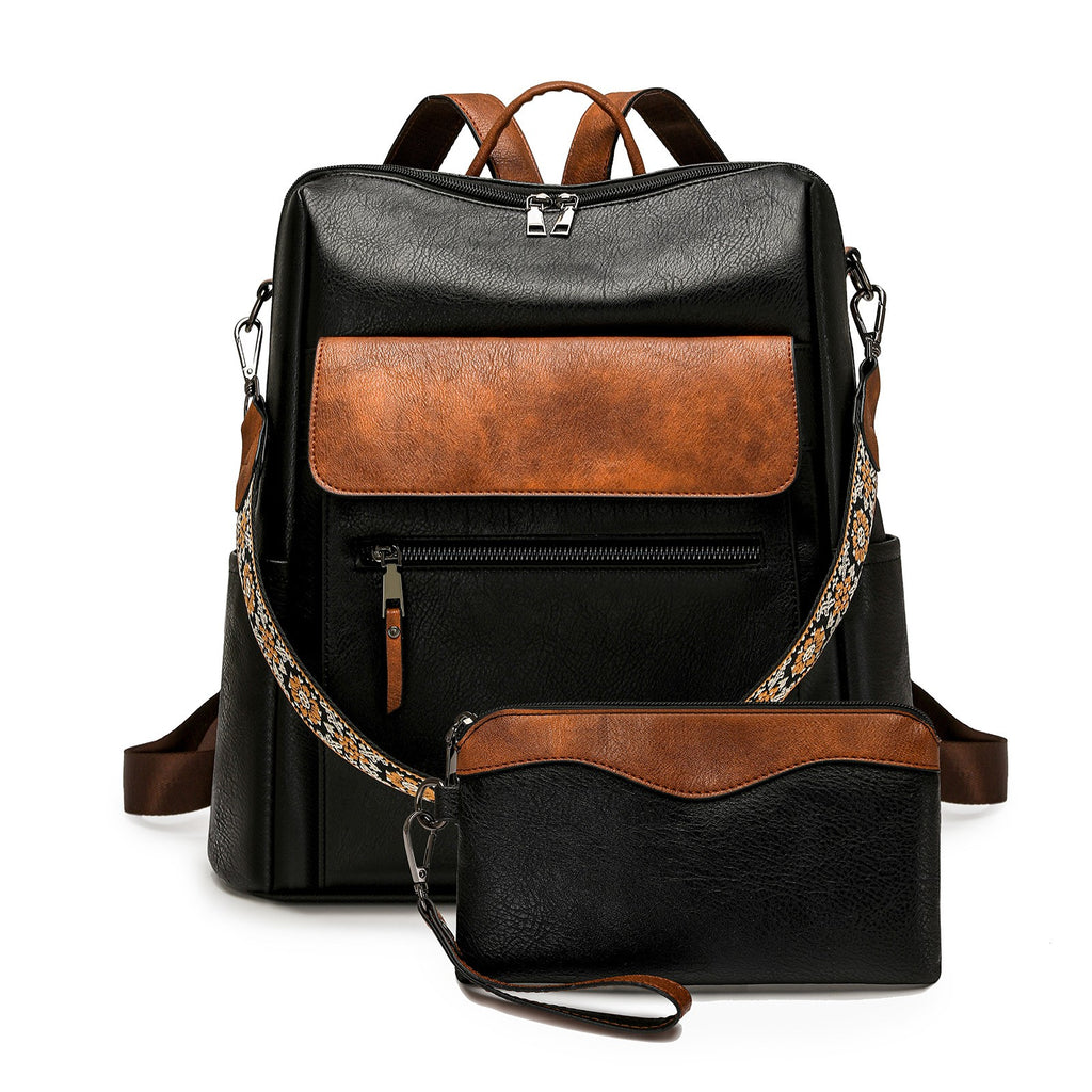 Vintage Vegan Leather Backpack with Wristlet - Black Tan