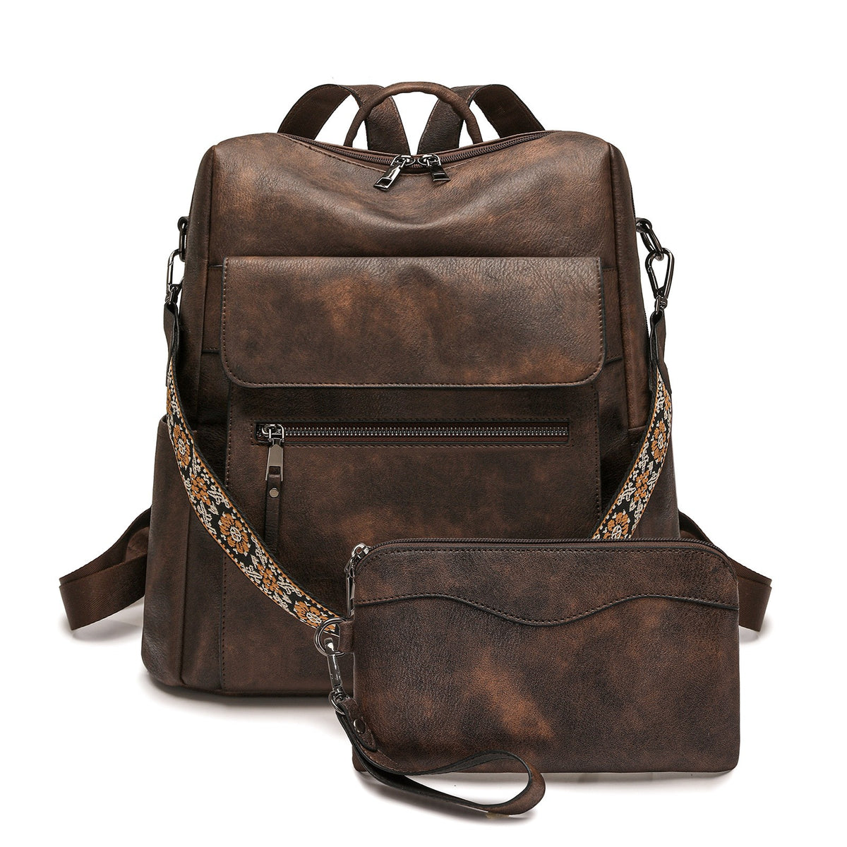 Vintage Vegan Leather Backpack with Wristlet - Espresso