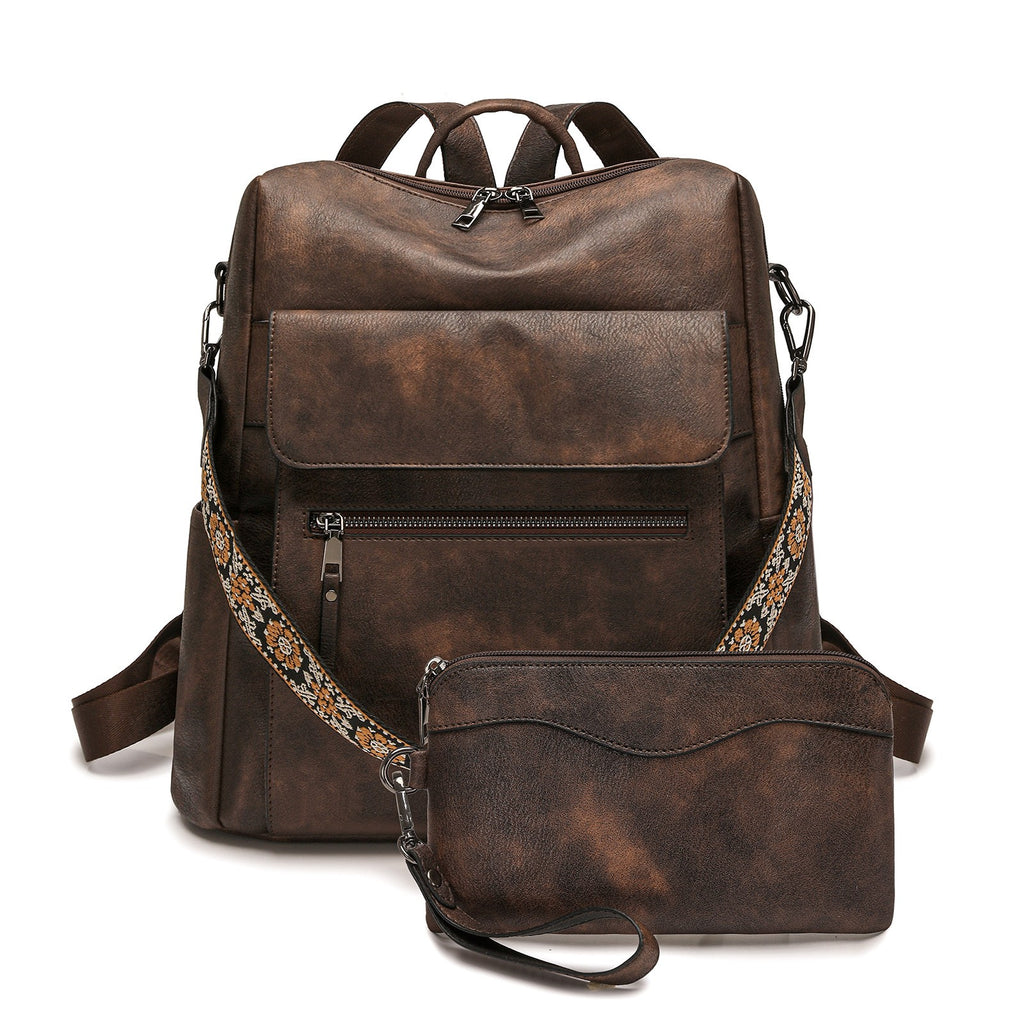 Vintage Vegan Leather Backpack with Wristlet