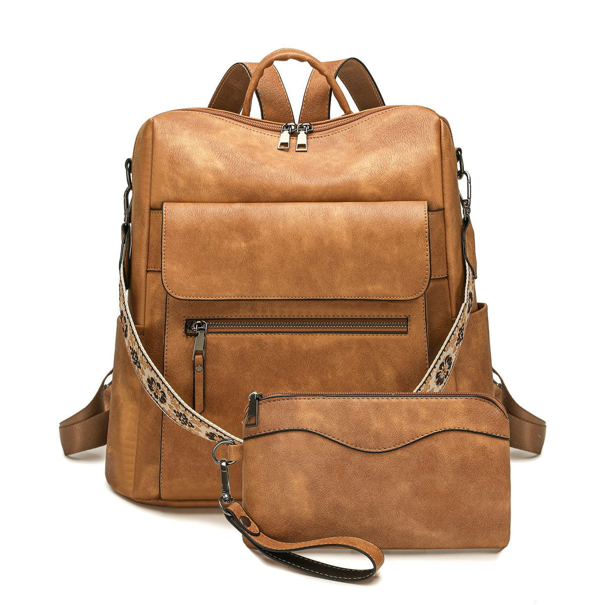Vintage Vegan Leather Backpack with Wristlet
