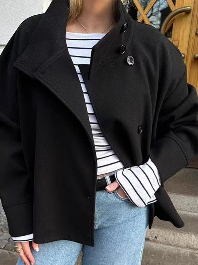 Wool Blend Stand Collar Oversized Cropped Coat - Black