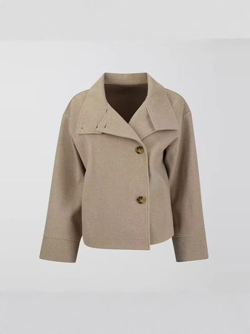 Wool Blend Stand Collar Oversized Cropped Coat - Khaki