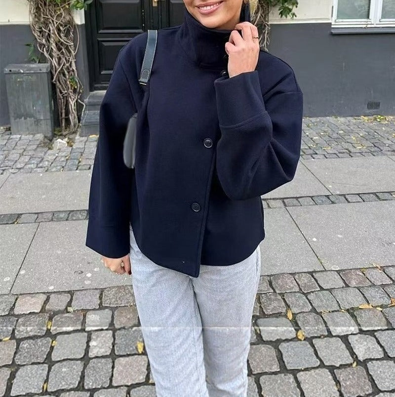 Wool Blend Stand Collar Oversized Cropped Coat - Navy