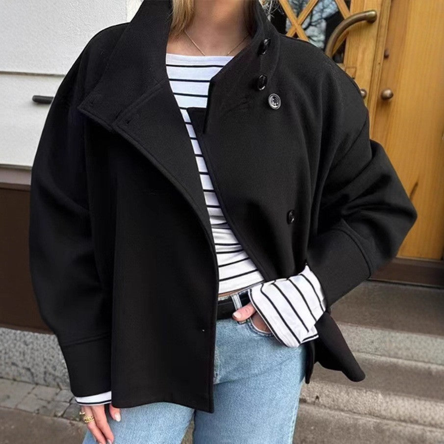 Wool Blend Stand Collar Oversized Cropped Coat