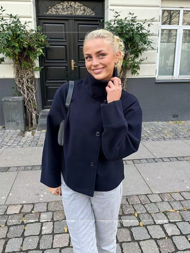 Wool Blend Stand Collar Oversized Cropped Coat