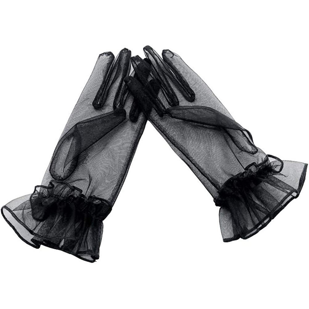 Sheer Organza Ruffle Cuff Wrist Gloves - Black
