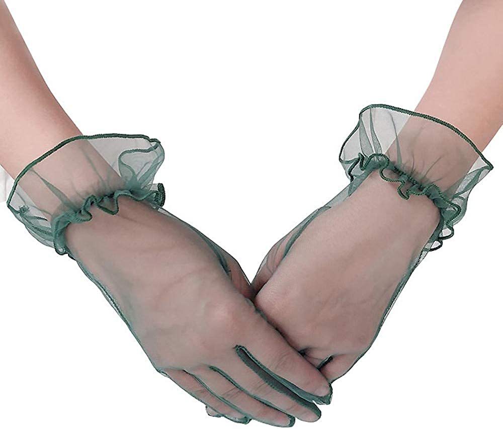 Sheer Organza Ruffle Cuff Wrist Gloves - Green