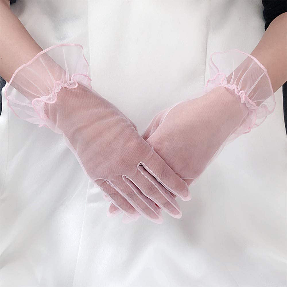Sheer Organza Ruffle Cuff Wrist Gloves - Pink