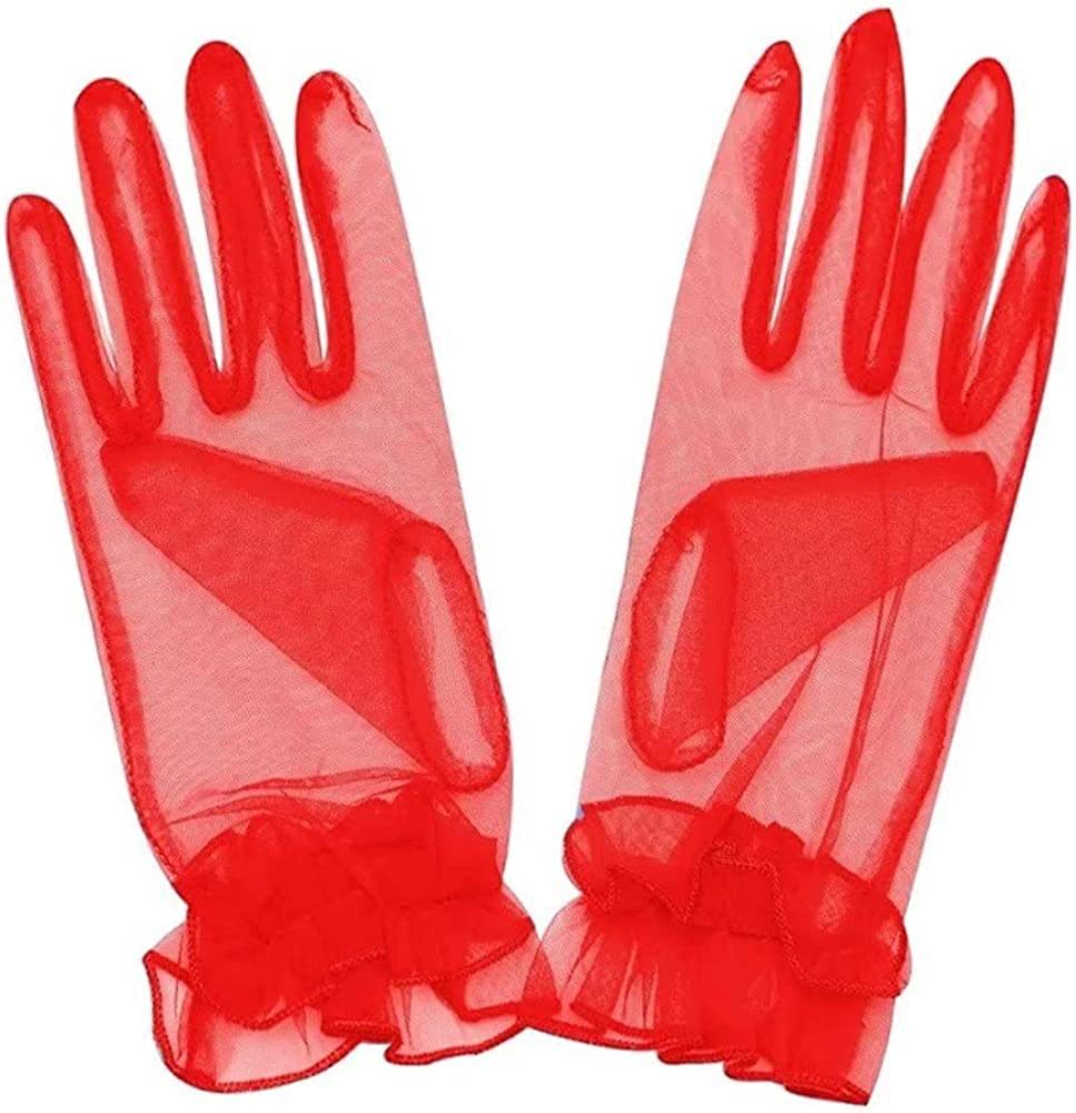 Sheer Organza Ruffle Cuff Wrist Gloves - Red