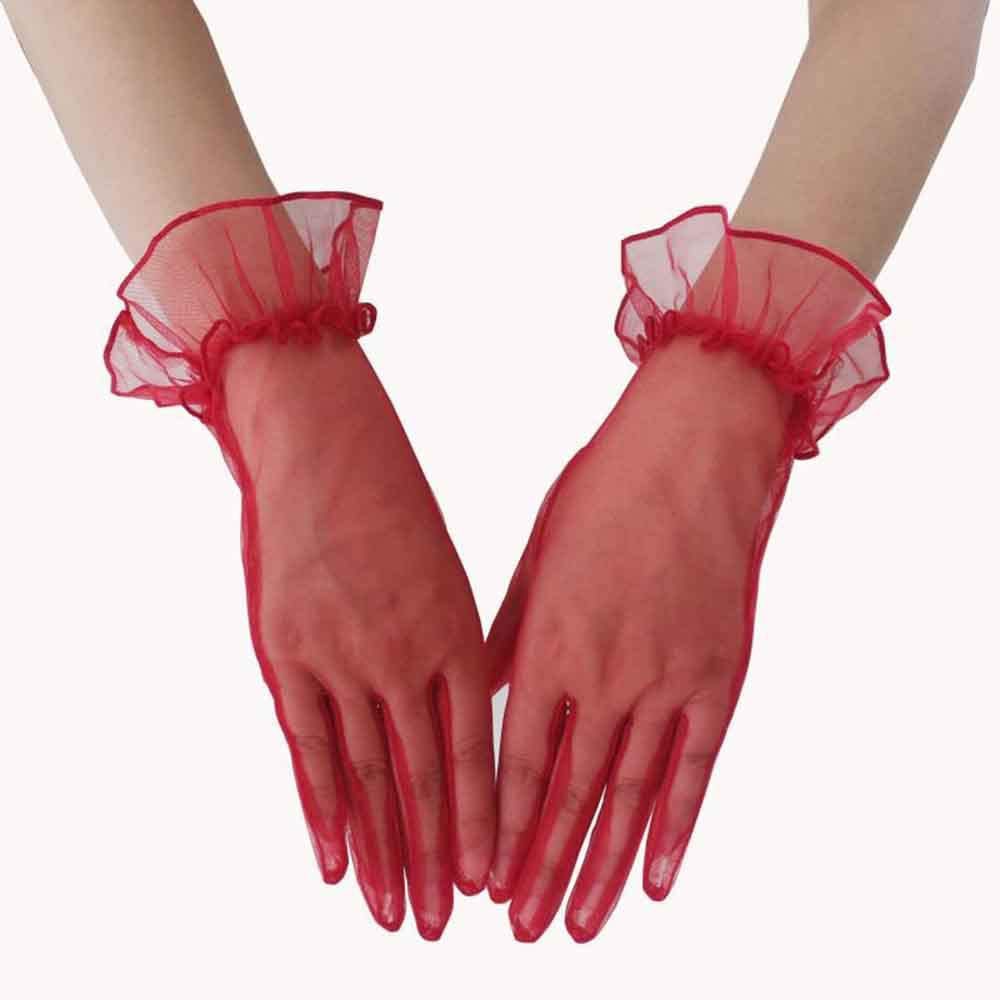 Sheer Organza Ruffle Cuff Wrist Gloves - WineRed