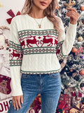 White Reindeer Fair Isle Cable Knit Holiday Sweater - White