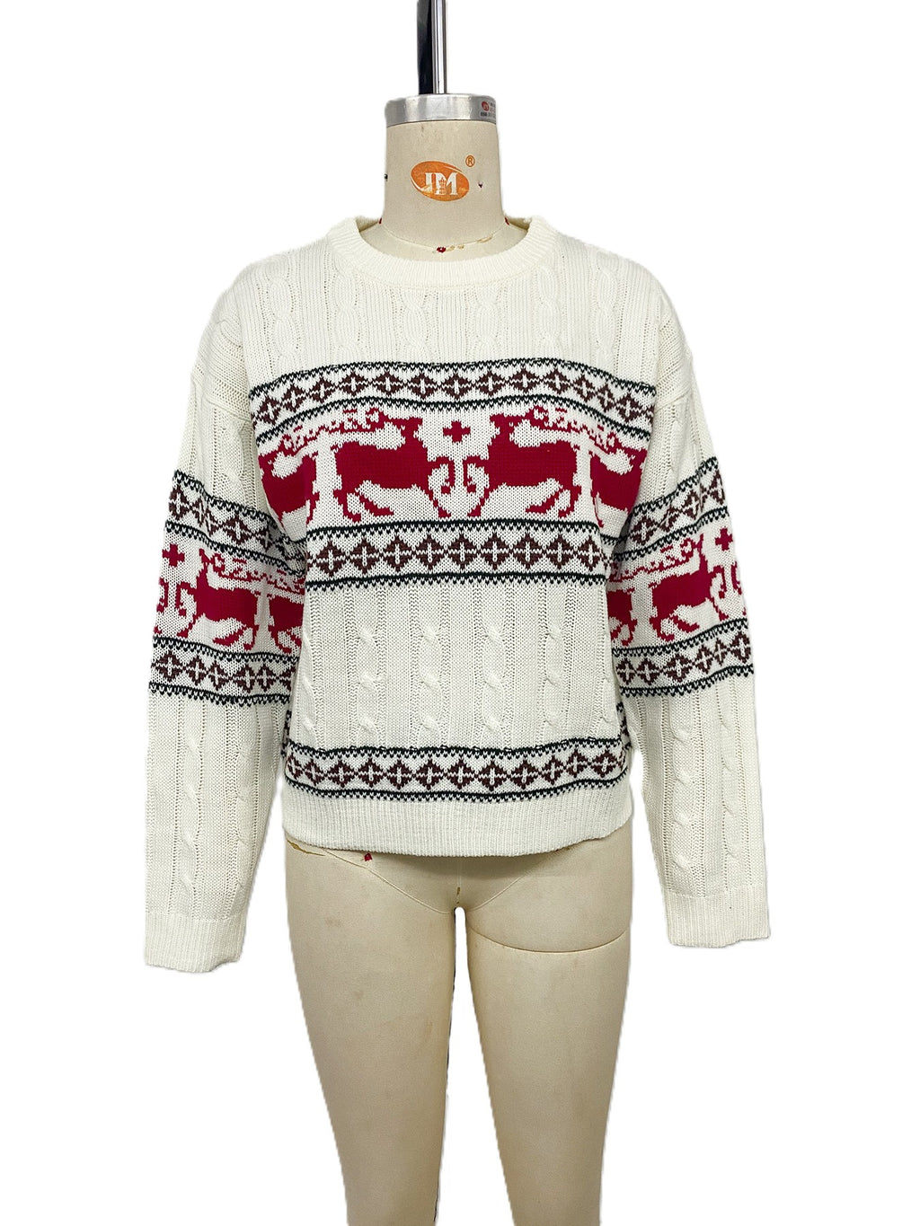 White Reindeer Fair Isle Cable Knit Holiday Sweater - White - 1