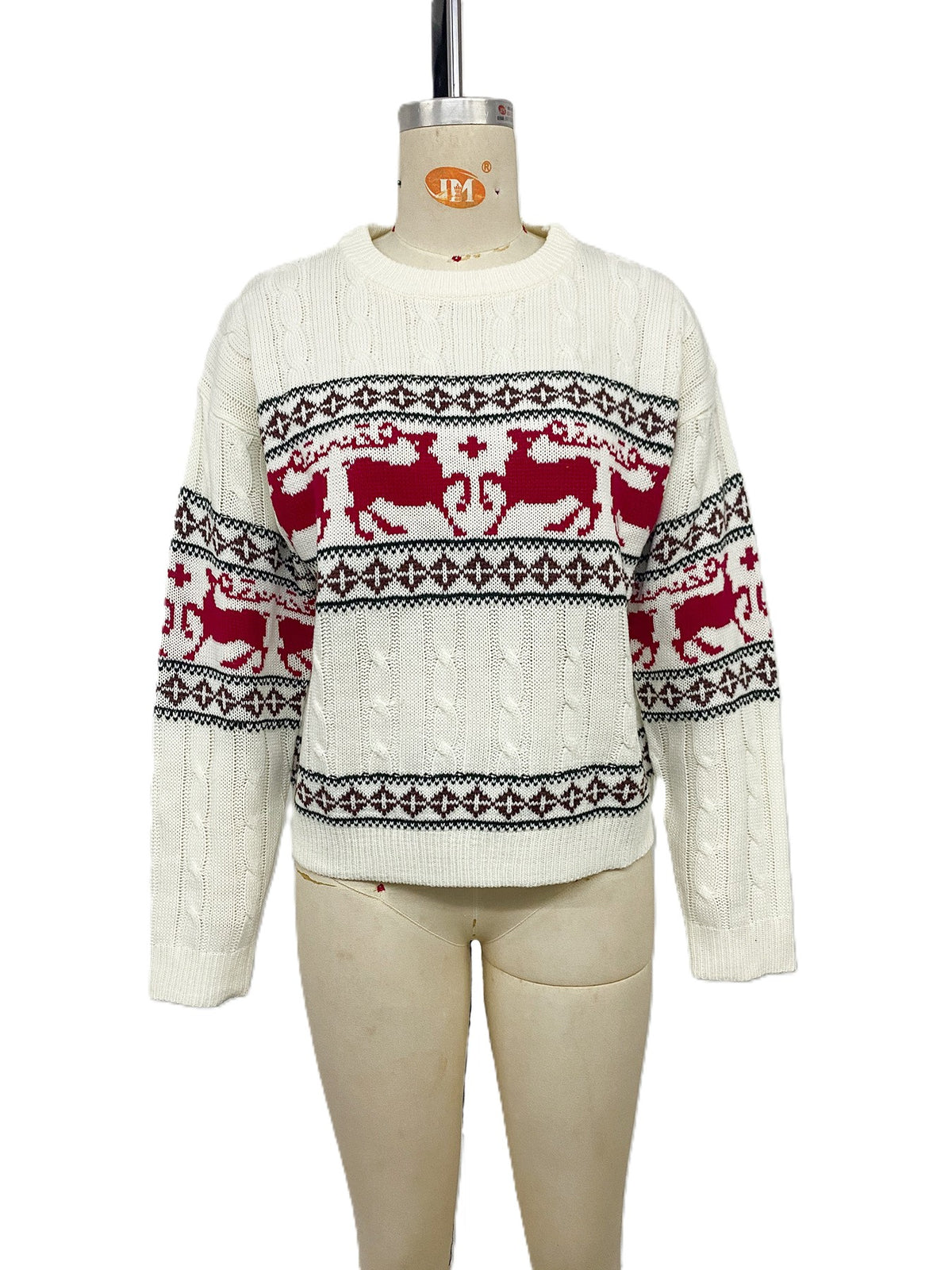 White Reindeer Fair Isle Cable Knit Holiday Sweater - White - 1