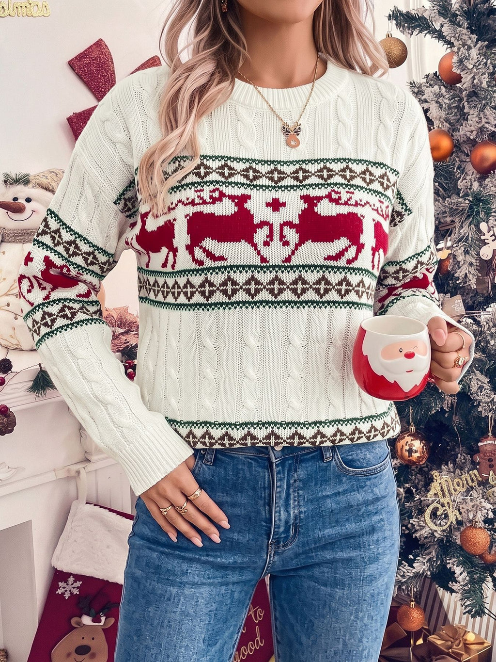 White Reindeer Fair Isle Cable Knit Holiday Sweater - White - 3