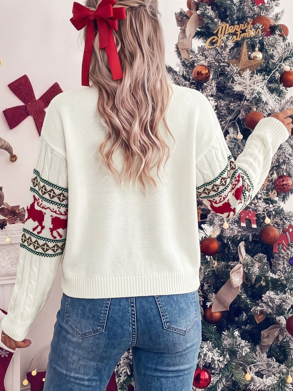 White Reindeer Fair Isle Cable Knit Holiday Sweater - White - 5