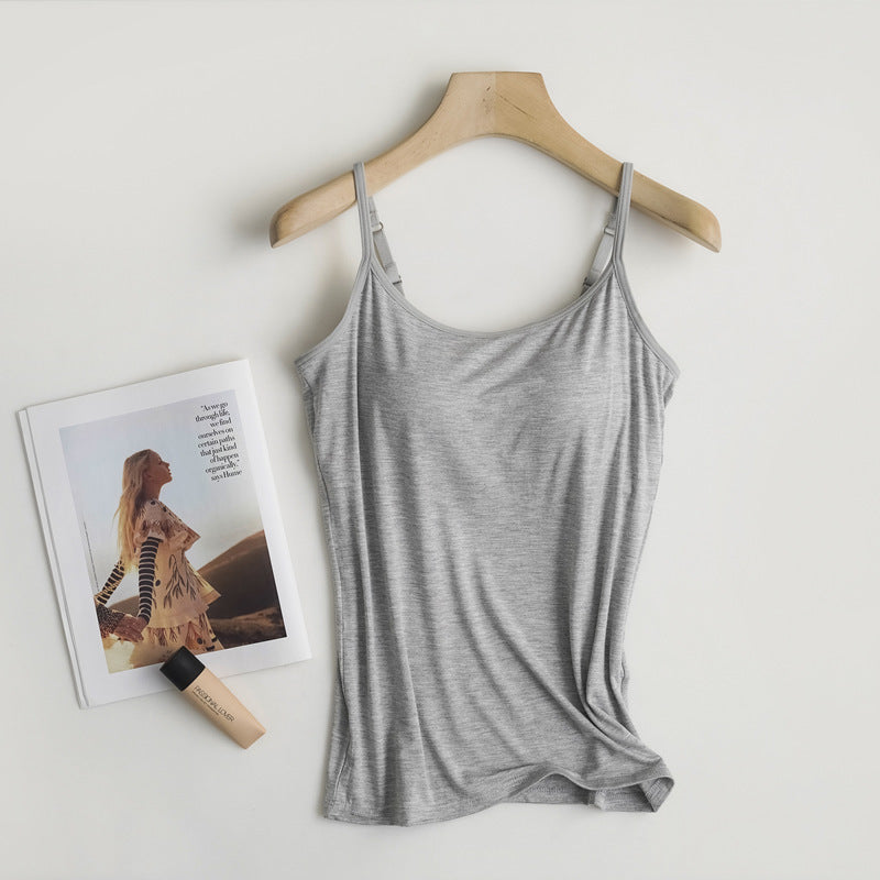 Adjustable Strap Modal Cami With Bra - grey