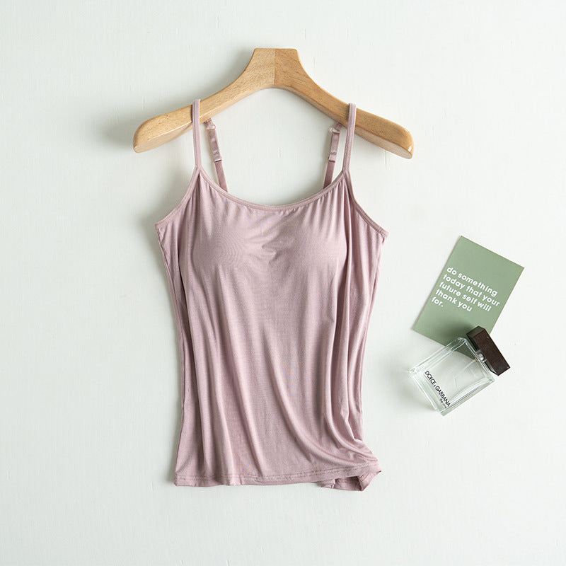 Adjustable Strap Modal Cami With Bra - pink