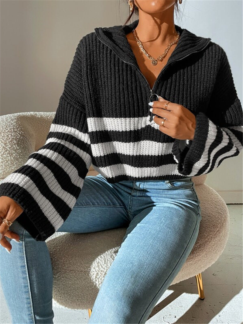 Striped Half Zip Collared Knit Sweater - Black - 1
