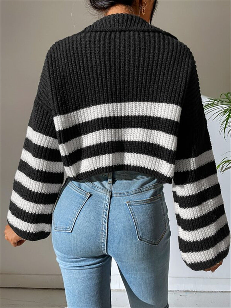 Striped Half Zip Collared Knit Sweater - Black - 3