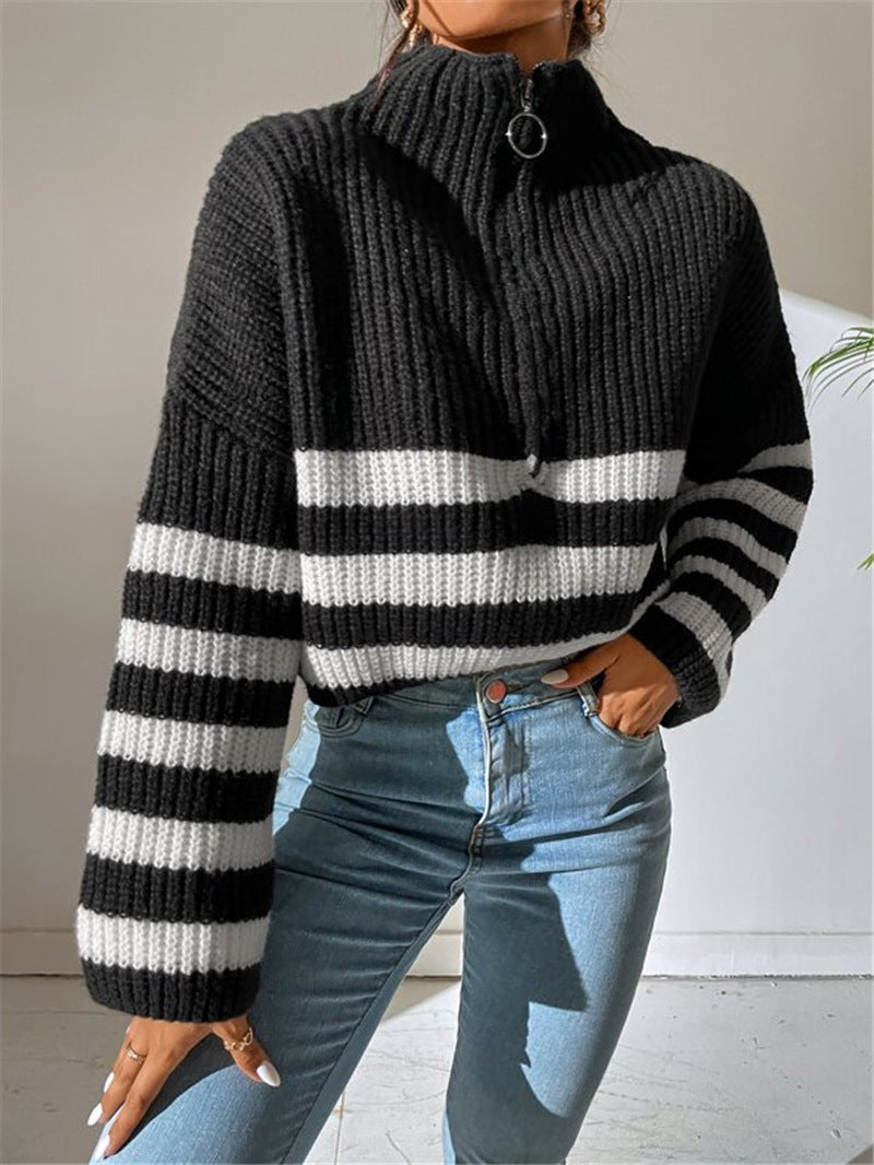 Striped Half Zip Collared Knit Sweater - Black - 4