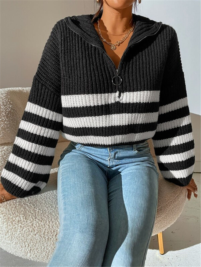 Striped Half Zip Collared Knit Sweater - Black - 5