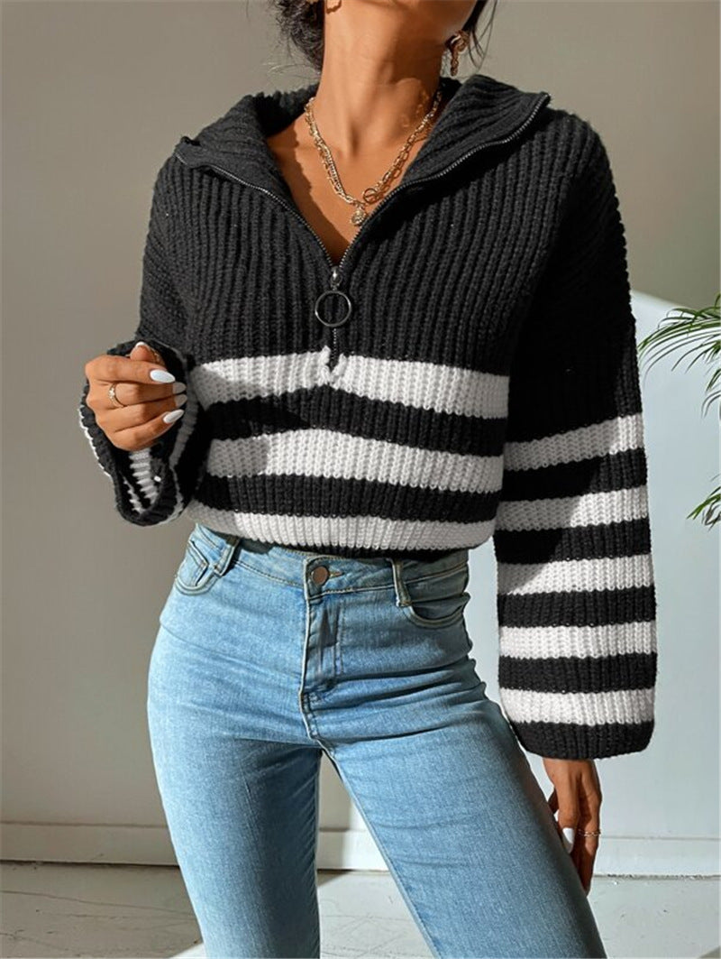 Striped Half Zip Collared Knit Sweater - Black - 6