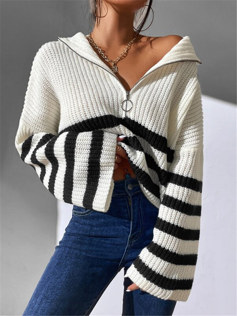 Striped Half Zip Collared Knit Sweater - White