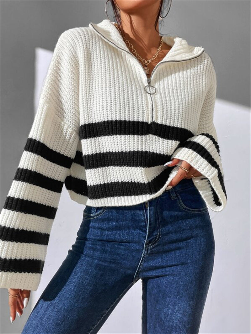 Striped Half Zip Collared Knit Sweater - White - 2